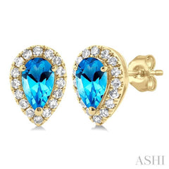 5x3 MM Pear Shape Blue Topaz and 1/8 Ctw Single Cut Diamond Halo Semi-Precious Stud Earrings in 14K Yellow Gold 5x3 MM Pear Shape Blue Topaz and 1/8 Ctw Single Cut Diamond Halo Semi-Precious Stud Earrings in 14K Yellow Gold
