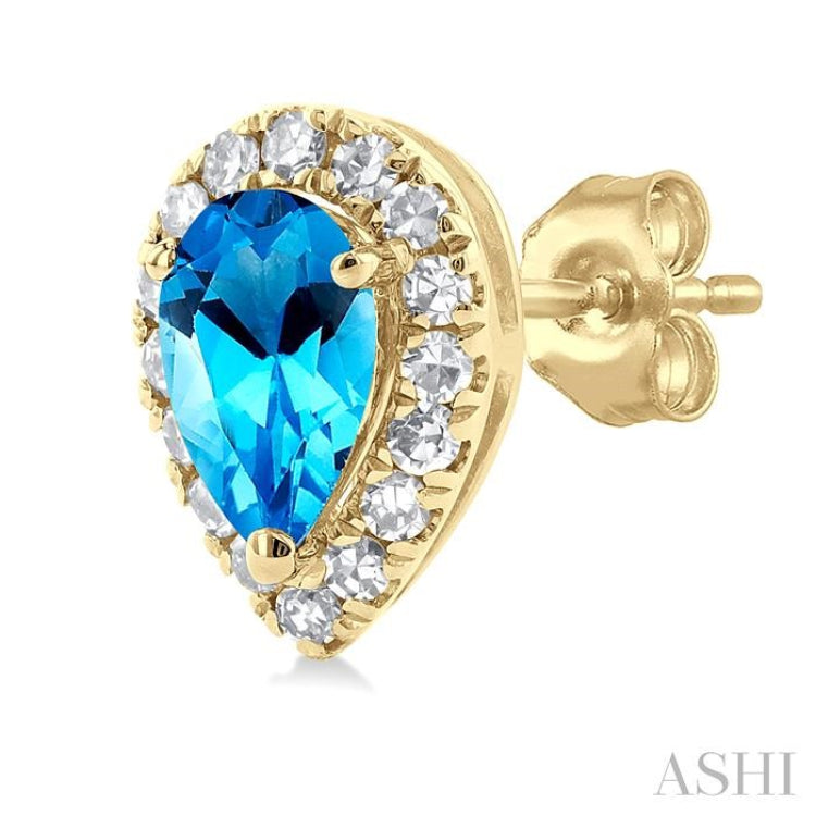 5x3 MM Pear Shape Blue Topaz and 1/8 Ctw Single Cut Diamond Halo Semi-Precious Stud Earrings in 14K Yellow Gold 5x3 MM Pear Shape Blue Topaz and 1/8 Ctw Single Cut Diamond Halo Semi-Precious Stud Earrings in 14K Yellow Gold