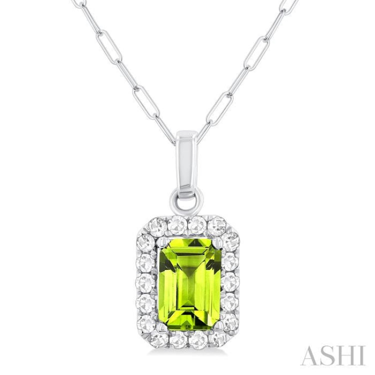 6x4 MM Octagonal Shape Peridot and 1/6 Ctw Round Cut Diamond Halo Semi-Precious Pendant with Chain in 10K White Gold 6x4 MM Octagonal Shape Peridot and 1/6 Ctw Round Cut Diamond Halo Semi-Precious Pendant with Chain in 10K White Gold