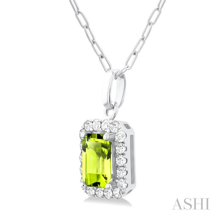 6x4 MM Octagonal Shape Peridot and 1/6 Ctw Round Cut Diamond Halo Semi-Precious Pendant with Chain in 10K White Gold 6x4 MM Octagonal Shape Peridot and 1/6 Ctw Round Cut Diamond Halo Semi-Precious Pendant with Chain in 10K White Gold
