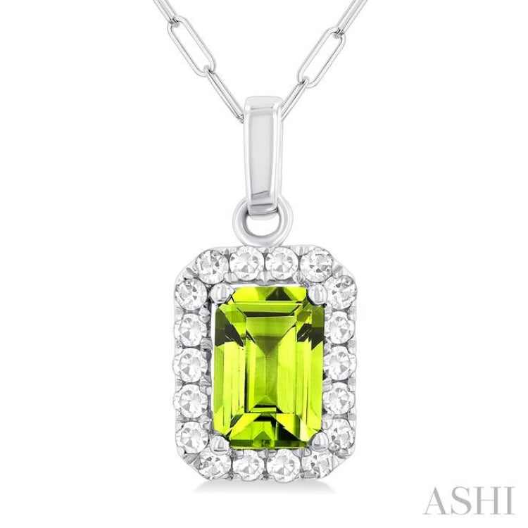6x4 MM Octagonal Shape Peridot and 1/6 Ctw Round Cut Diamond Halo Semi-Precious Pendant with Chain in 10K White Gold 6x4 MM Octagonal Shape Peridot and 1/6 Ctw Round Cut Diamond Halo Semi-Precious Pendant with Chain in 10K White Gold
