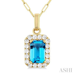 6x4 MM Octagonal Shape Blue Topaz and 1/6 Ctw Round Cut Diamond Halo Semi-Precious Pendant with Chain in 14K Yellow Gold 6x4 MM Octagonal Shape Blue Topaz and 1/6 Ctw Round Cut Diamond Halo Semi-Precious Pendant with Chain in 14K Yellow Gold