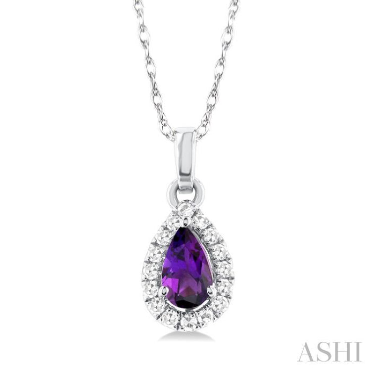 5x3 MM Pear Shape Amethyst and 1/20 Ctw Single Cut Diamond Halo Semi-Precious Pendant with Chain in 14K White Gold 5x3 MM Pear Shape Amethyst and 1/20 Ctw Single Cut Diamond Halo Semi-Precious Pendant with Chain in 14K White Gold