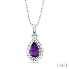 5x3 MM Pear Shape Amethyst and 1/20 Ctw Single Cut Diamond Halo Semi-Precious Pendant with Chain in 14K White Gold 5x3 MM Pear Shape Amethyst and 1/20 Ctw Single Cut Diamond Halo Semi-Precious Pendant with Chain in 14K White Gold
