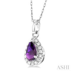 5x3 MM Pear Shape Amethyst and 1/20 Ctw Single Cut Diamond Halo Semi-Precious Pendant with Chain in 14K White Gold 5x3 MM Pear Shape Amethyst and 1/20 Ctw Single Cut Diamond Halo Semi-Precious Pendant with Chain in 14K White Gold