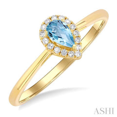 5x3 MM Pear Shape Aquamarine and 1/20 Ctw Single Cut Diamond Halo Semi-Precious Ring in 14K Yellow Gold 5x3 MM Pear Shape Aquamarine and 1/20 Ctw Single Cut Diamond Halo Semi-Precious Ring in 14K Yellow Gold