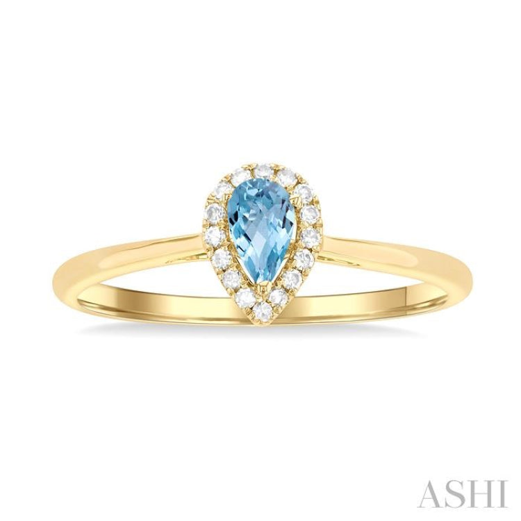 5x3 MM Pear Shape Aquamarine and 1/20 Ctw Single Cut Diamond Halo Semi-Precious Ring in 14K Yellow Gold 5x3 MM Pear Shape Aquamarine and 1/20 Ctw Single Cut Diamond Halo Semi-Precious Ring in 14K Yellow Gold