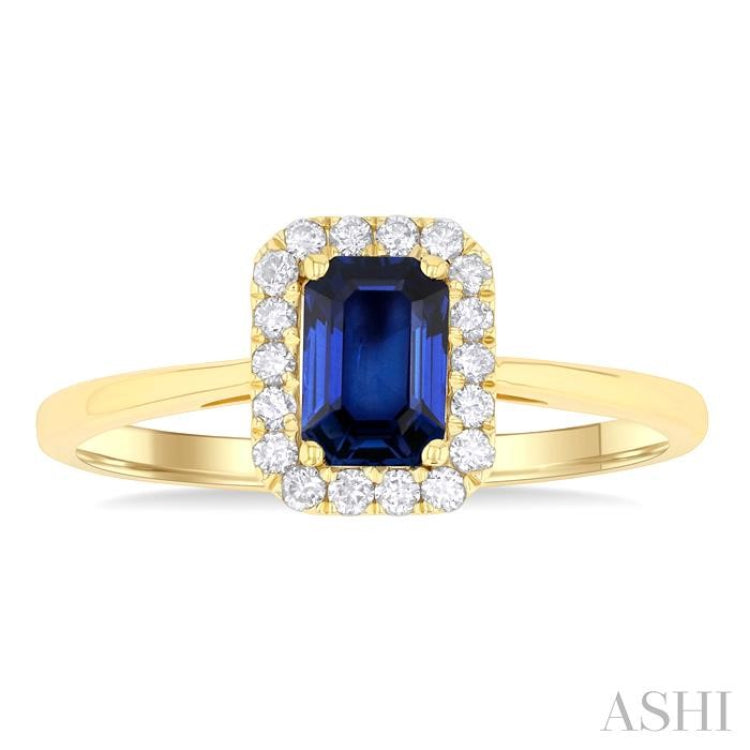 6x4 MM Octagonal Shape Sapphire and 1/6 Ctw Round Cut Diamond Halo Precious Ring in 10K Yellow Gold 6x4 MM Octagonal Shape Sapphire and 1/6 Ctw Round Cut Diamond Halo Precious Ring in 10K Yellow Gold