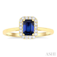 6x4 MM Octagonal Shape Sapphire and 1/6 Ctw Round Cut Diamond Halo Precious Ring in 10K Yellow Gold 6x4 MM Octagonal Shape Sapphire and 1/6 Ctw Round Cut Diamond Halo Precious Ring in 10K Yellow Gold