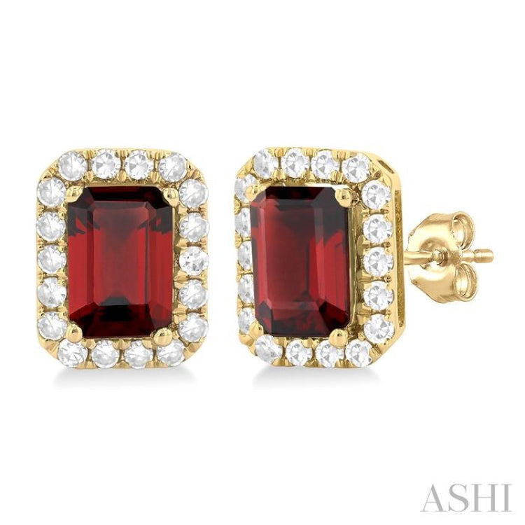 6x4 MM Octagonal Shape Garnet and 1/4 Ctw Round Cut Diamond Halo Semi-Precious Stud Earrings in 10K Yellow Gold 6x4 MM Octagonal Shape Garnet and 1/4 Ctw Round Cut Diamond Halo Semi-Precious Stud Earrings in 10K Yellow Gold