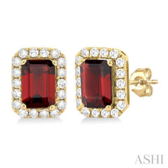 6x4 MM Octagonal Shape Garnet and 1/4 Ctw Round Cut Diamond Halo Semi-Precious Stud Earrings in 10K Yellow Gold 6x4 MM Octagonal Shape Garnet and 1/4 Ctw Round Cut Diamond Halo Semi-Precious Stud Earrings in 10K Yellow Gold