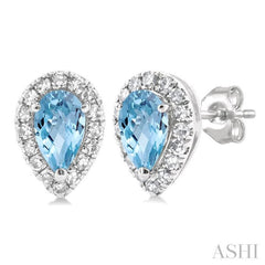 5x3 MM Pear Shape Aquamarine and 1/8 Ctw Single Cut Diamond Halo Semi-Precious Stud Earrings in 14K White Gold 5x3 MM Pear Shape Aquamarine and 1/8 Ctw Single Cut Diamond Halo Semi-Precious Stud Earrings in 14K White Gold