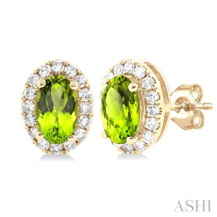 5x3 MM Oval Shape Peridot and 1/8 Ctw Single Cut Diamond Halo Semi-Precious Stud Earrings in 14K Yellow Gold 5x3 MM Oval Shape Peridot and 1/8 Ctw Single Cut Diamond Halo Semi-Precious Stud Earrings in 14K Yellow Gold