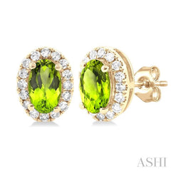 5x3 MM Oval Shape Peridot and 1/8 Ctw Single Cut Diamond Halo Semi-Precious Stud Earrings in 14K Yellow Gold 5x3 MM Oval Shape Peridot and 1/8 Ctw Single Cut Diamond Halo Semi-Precious Stud Earrings in 14K Yellow Gold