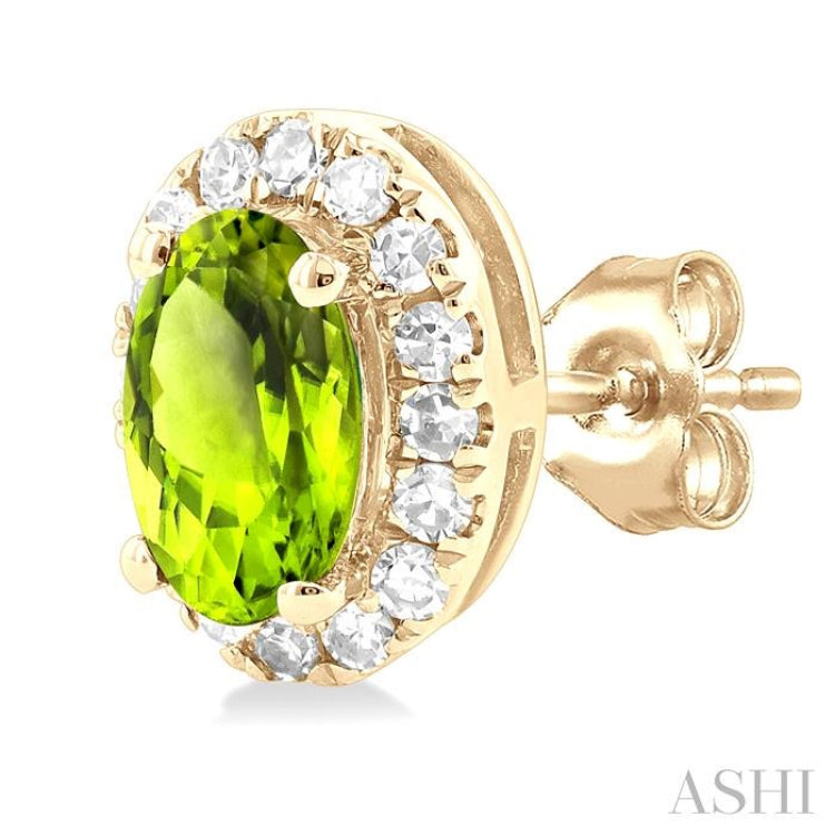 5x3 MM Oval Shape Peridot and 1/8 Ctw Single Cut Diamond Halo Semi-Precious Stud Earrings in 14K Yellow Gold 5x3 MM Oval Shape Peridot and 1/8 Ctw Single Cut Diamond Halo Semi-Precious Stud Earrings in 14K Yellow Gold