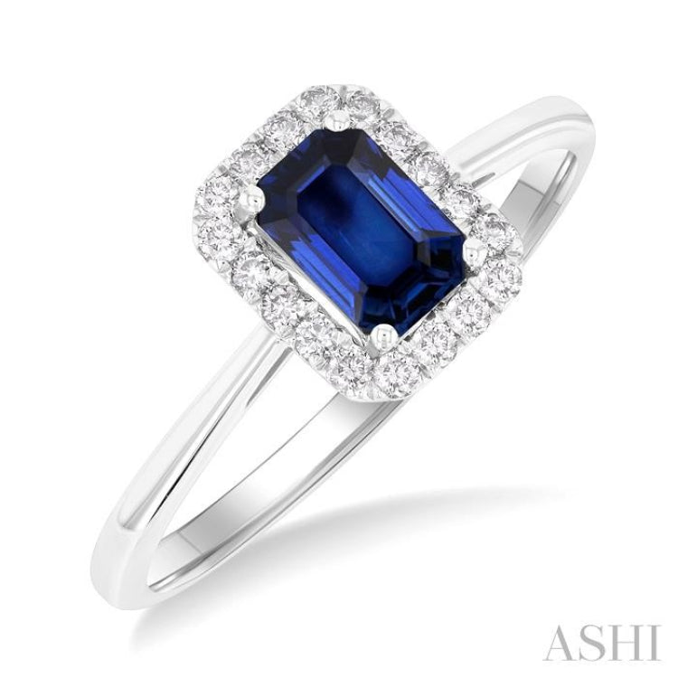 6x4 MM Octagonal Shape Sapphire and 1/6 Ctw Round Cut Diamond Halo Precious Ring in 10K White Gold 6x4 MM Octagonal Shape Sapphire and 1/6 Ctw Round Cut Diamond Halo Precious Ring in 10K White Gold