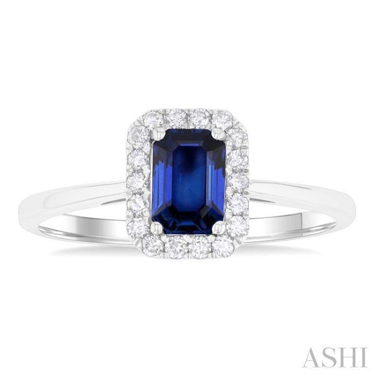 6x4 MM Octagonal Shape Sapphire and 1/6 Ctw Round Cut Diamond Halo Precious Ring in 10K White Gold 6x4 MM Octagonal Shape Sapphire and 1/6 Ctw Round Cut Diamond Halo Precious Ring in 10K White Gold