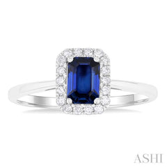 6x4 MM Octagonal Shape Sapphire and 1/6 Ctw Round Cut Diamond Halo Precious Ring in 10K White Gold 6x4 MM Octagonal Shape Sapphire and 1/6 Ctw Round Cut Diamond Halo Precious Ring in 10K White Gold