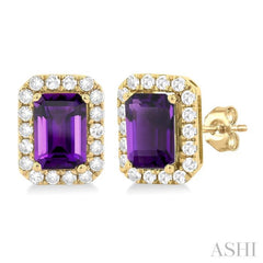 6x4 MM Octagonal Shape Amethyst and 1/4 Ctw Round Cut Diamond Halo Semi-Precious Stud Earrings in 10K Yellow Gold 6x4 MM Octagonal Shape Amethyst and 1/4 Ctw Round Cut Diamond Halo Semi-Precious Stud Earrings in 10K Yellow Gold