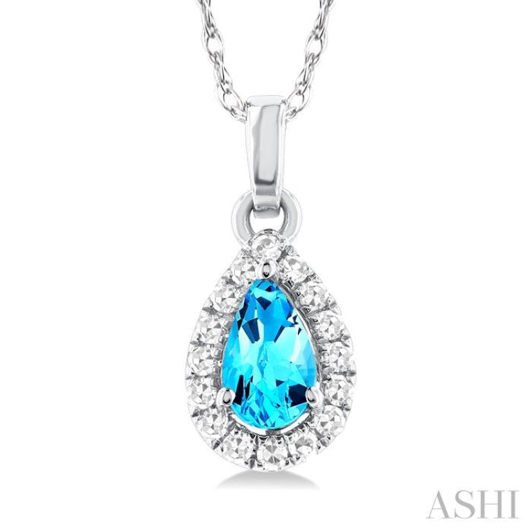 5x3 MM Pear Shape Blue Topaz and 1/20 Ctw Single Cut Diamond Halo Semi-Precious Pendant with Chain in 14K White Gold 5x3 MM Pear Shape Blue Topaz and 1/20 Ctw Single Cut Diamond Halo Semi-Precious Pendant with Chain in 14K White Gold