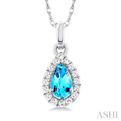 5x3 MM Pear Shape Blue Topaz and 1/20 Ctw Single Cut Diamond Halo Semi-Precious Pendant with Chain in 14K White Gold 5x3 MM Pear Shape Blue Topaz and 1/20 Ctw Single Cut Diamond Halo Semi-Precious Pendant with Chain in 14K White Gold