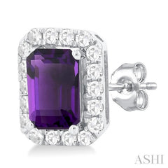 6x4 MM Octagonal Shape Amethyst and 1/4 Ctw Round Cut Diamond Halo Semi-Precious Stud Earrings in 10K White Gold 6x4 MM Octagonal Shape Amethyst and 1/4 Ctw Round Cut Diamond Halo Semi-Precious Stud Earrings in 10K White Gold
