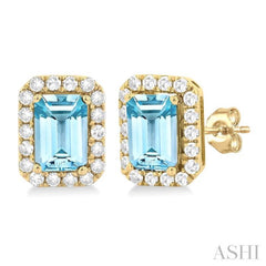 6x4 MM Octagonal Shape Aquamarine and 1/4 Ctw Round Cut Diamond Halo Semi-Precious Stud Earrings in 14K Yellow Gold 6x4 MM Octagonal Shape Aquamarine and 1/4 Ctw Round Cut Diamond Halo Semi-Precious Stud Earrings in 14K Yellow Gold