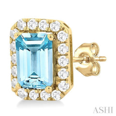 6x4 MM Octagonal Shape Aquamarine and 1/4 Ctw Round Cut Diamond Halo Semi-Precious Stud Earrings in 14K Yellow Gold 6x4 MM Octagonal Shape Aquamarine and 1/4 Ctw Round Cut Diamond Halo Semi-Precious Stud Earrings in 14K Yellow Gold