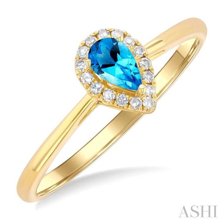 5x3 MM Pear Shape Blue Topaz and 1/20 Ctw Single Cut Diamond Halo Semi-Precious Ring in 14K Yellow Gold 5x3 MM Pear Shape Blue Topaz and 1/20 Ctw Single Cut Diamond Halo Semi-Precious Ring in 14K Yellow Gold