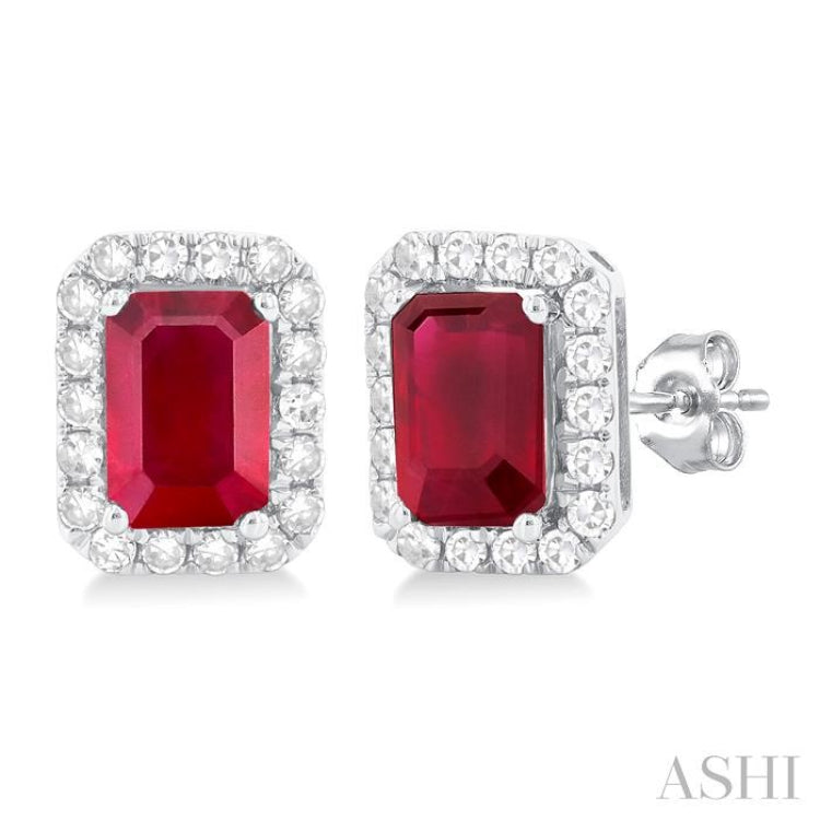 6x4 MM Octagonal Shape Ruby and 1/4 Ctw Round Cut Diamond Halo Precious Stud Earrings in 10K White Gold 6x4 MM Octagonal Shape Ruby and 1/4 Ctw Round Cut Diamond Halo Precious Stud Earrings in 10K White Gold