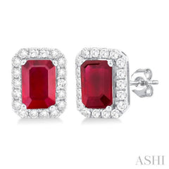 6x4 MM Octagonal Shape Ruby and 1/4 Ctw Round Cut Diamond Halo Precious Stud Earrings in 10K White Gold 6x4 MM Octagonal Shape Ruby and 1/4 Ctw Round Cut Diamond Halo Precious Stud Earrings in 10K White Gold