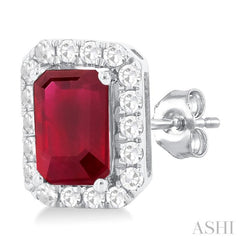 6x4 MM Octagonal Shape Ruby and 1/4 Ctw Round Cut Diamond Halo Precious Stud Earrings in 10K White Gold 6x4 MM Octagonal Shape Ruby and 1/4 Ctw Round Cut Diamond Halo Precious Stud Earrings in 10K White Gold