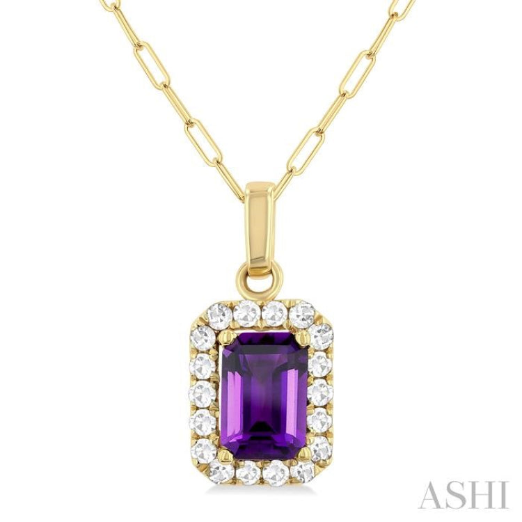 6x4 MM Octagonal Shape Amethyst and 1/6 Ctw Round Cut Diamond Halo Semi-Precious Pendant with Chain in 14K Yellow Gold 6x4 MM Octagonal Shape Amethyst and 1/6 Ctw Round Cut Diamond Halo Semi-Precious Pendant with Chain in 14K Yellow Gold