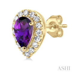 5x3 MM Pear Shape Amethyst and 1/8 Ctw Single Cut Diamond Halo Semi-Precious Stud Earrings in 10K Yellow Gold 5x3 MM Pear Shape Amethyst and 1/8 Ctw Single Cut Diamond Halo Semi-Precious Stud Earrings in 10K Yellow Gold