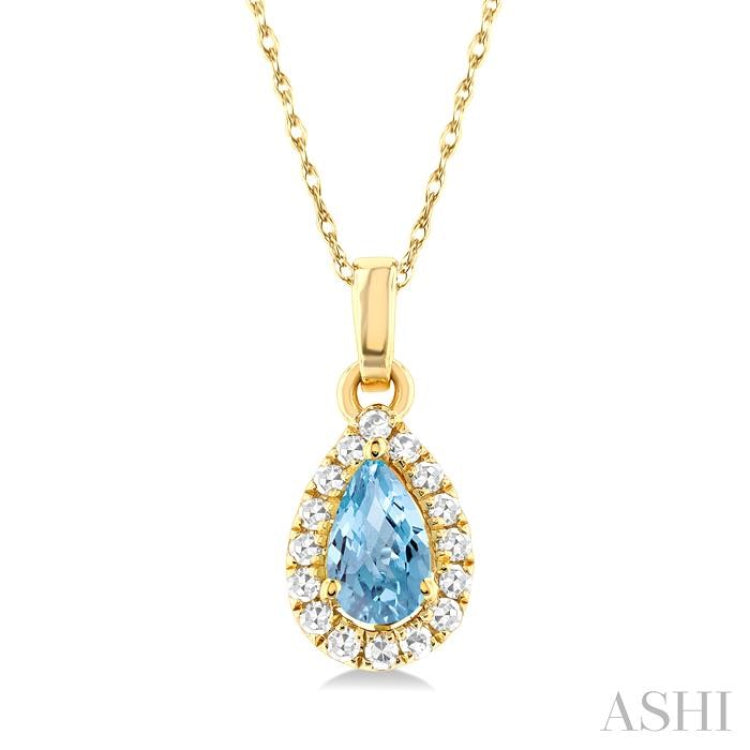 5x3 MM Pear Shape Aquamarine and 1/20 Ctw Single Cut Diamond Halo Semi-Precious Pendant with Chain in 14K Yellow Gold 5x3 MM Pear Shape Aquamarine and 1/20 Ctw Single Cut Diamond Halo Semi-Precious Pendant with Chain in 14K Yellow Gold