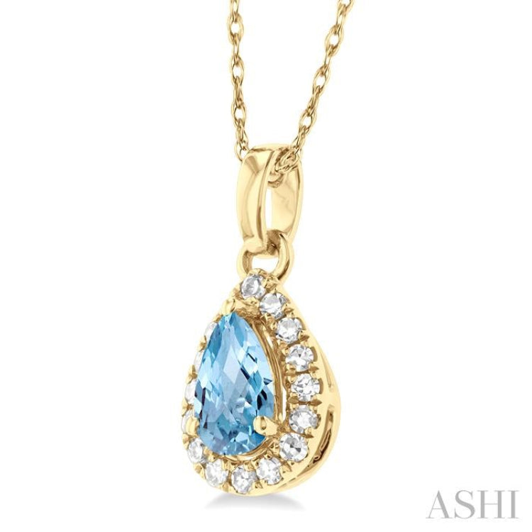 5x3 MM Pear Shape Aquamarine and 1/20 Ctw Single Cut Diamond Halo Semi-Precious Pendant with Chain in 14K Yellow Gold 5x3 MM Pear Shape Aquamarine and 1/20 Ctw Single Cut Diamond Halo Semi-Precious Pendant with Chain in 14K Yellow Gold
