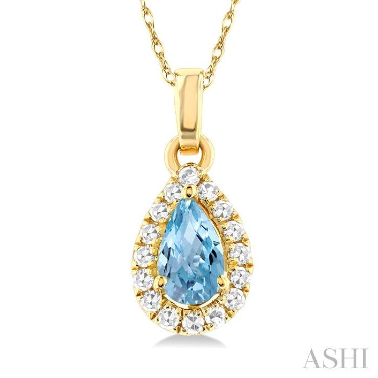 5x3 MM Pear Shape Aquamarine and 1/20 Ctw Single Cut Diamond Halo Semi-Precious Pendant with Chain in 14K Yellow Gold 5x3 MM Pear Shape Aquamarine and 1/20 Ctw Single Cut Diamond Halo Semi-Precious Pendant with Chain in 14K Yellow Gold
