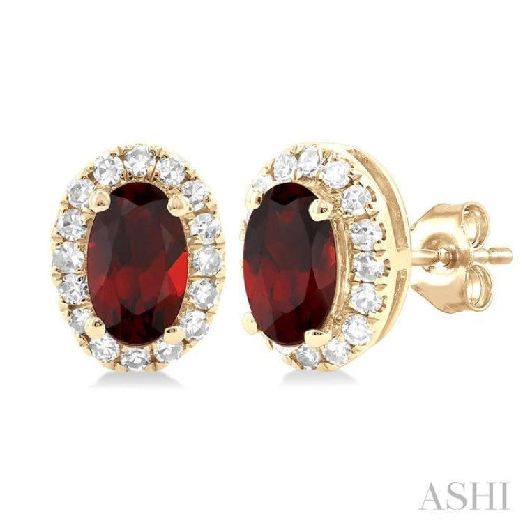 5x3 MM Oval Shape Garnet and 1/8 Ctw Single Cut Diamond Halo Semi-Precious Stud Earrings in 14K Yellow Gold 5x3 MM Oval Shape Garnet and 1/8 Ctw Single Cut Diamond Halo Semi-Precious Stud Earrings in 14K Yellow Gold