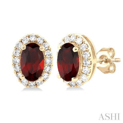 5x3 MM Oval Shape Garnet and 1/8 Ctw Single Cut Diamond Halo Semi-Precious Stud Earrings in 14K Yellow Gold 5x3 MM Oval Shape Garnet and 1/8 Ctw Single Cut Diamond Halo Semi-Precious Stud Earrings in 14K Yellow Gold