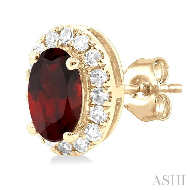 5x3 MM Oval Shape Garnet and 1/8 Ctw Single Cut Diamond Halo Semi-Precious Stud Earrings in 14K Yellow Gold 5x3 MM Oval Shape Garnet and 1/8 Ctw Single Cut Diamond Halo Semi-Precious Stud Earrings in 14K Yellow Gold