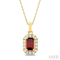 5x3 MM Octagonal Shape Garnet and 1/20 Ctw Single Cut Diamond Halo Semi-Precious Pendant with Chain in 14K Yellow Gold 5x3 MM Octagonal Shape Garnet and 1/20 Ctw Single Cut Diamond Halo Semi-Precious Pendant with Chain in 14K Yellow Gold