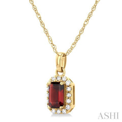 5x3 MM Octagonal Shape Garnet and 1/20 Ctw Single Cut Diamond Halo Semi-Precious Pendant with Chain in 14K Yellow Gold 5x3 MM Octagonal Shape Garnet and 1/20 Ctw Single Cut Diamond Halo Semi-Precious Pendant with Chain in 14K Yellow Gold