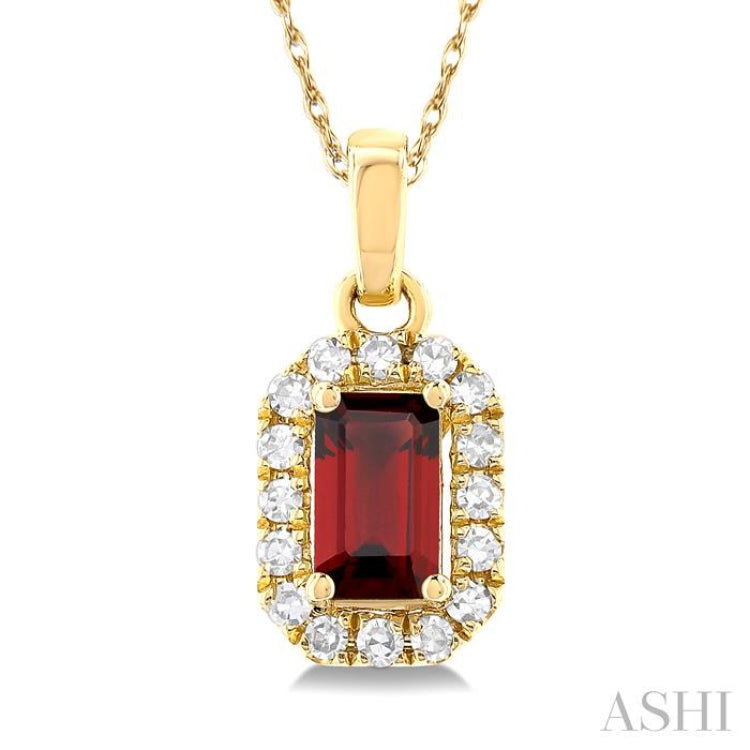5x3 MM Octagonal Shape Garnet and 1/20 Ctw Single Cut Diamond Halo Semi-Precious Pendant with Chain in 14K Yellow Gold 5x3 MM Octagonal Shape Garnet and 1/20 Ctw Single Cut Diamond Halo Semi-Precious Pendant with Chain in 14K Yellow Gold