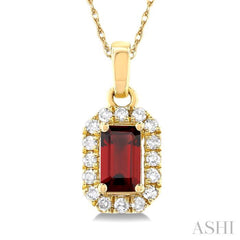 5x3 MM Octagonal Shape Garnet and 1/20 Ctw Single Cut Diamond Halo Semi-Precious Pendant with Chain in 14K Yellow Gold 5x3 MM Octagonal Shape Garnet and 1/20 Ctw Single Cut Diamond Halo Semi-Precious Pendant with Chain in 14K Yellow Gold