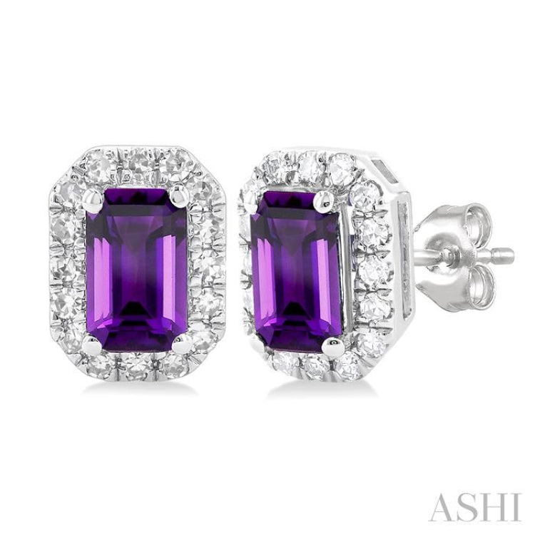 5x3 MM Octagonal Shape Amethyst and 1/8 Ctw Single Cut Diamond Halo Semi-Precious Stud Earrings in 14K White Gold 5x3 MM Octagonal Shape Amethyst and 1/8 Ctw Single Cut Diamond Halo Semi-Precious Stud Earrings in 14K White Gold