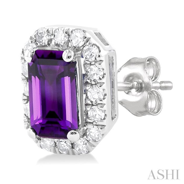 5x3 MM Octagonal Shape Amethyst and 1/8 Ctw Single Cut Diamond Halo Semi-Precious Stud Earrings in 14K White Gold 5x3 MM Octagonal Shape Amethyst and 1/8 Ctw Single Cut Diamond Halo Semi-Precious Stud Earrings in 14K White Gold