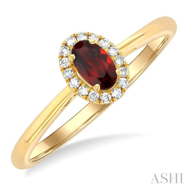 5x3 MM Oval Shape Garnet and 1/20 Ctw Single Cut Diamond Halo Semi-Precious Ring in 14K Yellow Gold 5x3 MM Oval Shape Garnet and 1/20 Ctw Single Cut Diamond Halo Semi-Precious Ring in 14K Yellow Gold