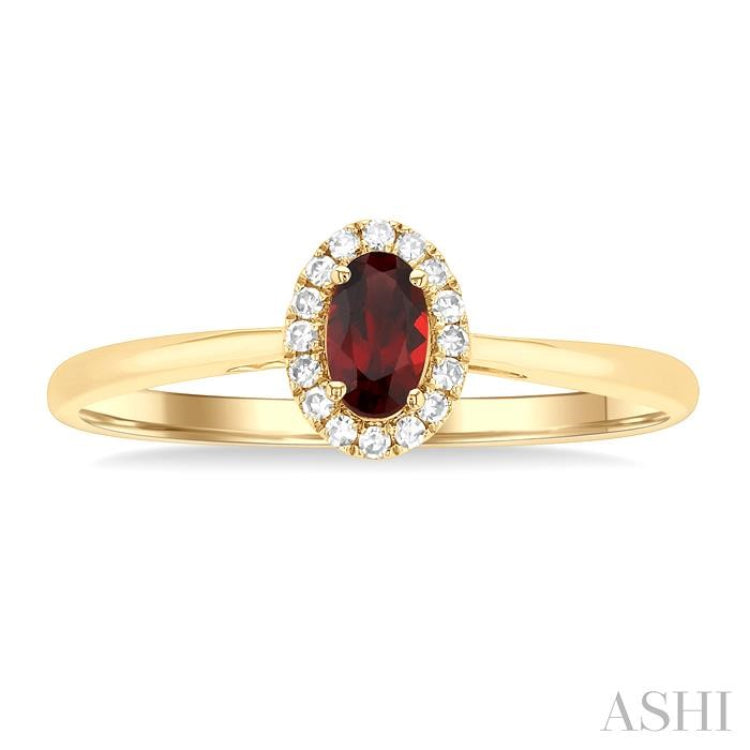 5x3 MM Oval Shape Garnet and 1/20 Ctw Single Cut Diamond Halo Semi-Precious Ring in 14K Yellow Gold 5x3 MM Oval Shape Garnet and 1/20 Ctw Single Cut Diamond Halo Semi-Precious Ring in 14K Yellow Gold
