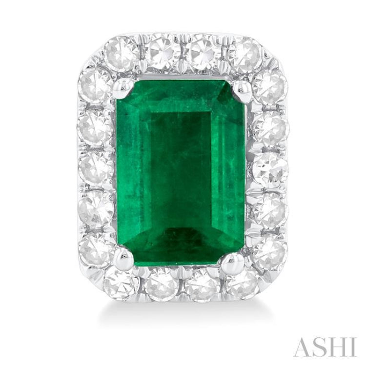 6x4 MM Octagonal Shape Emerald and 1/4 Ctw Round Cut Diamond Halo Precious Stud Earrings in 14K White Gold 6x4 MM Octagonal Shape Emerald and 1/4 Ctw Round Cut Diamond Halo Precious Stud Earrings in 14K White Gold