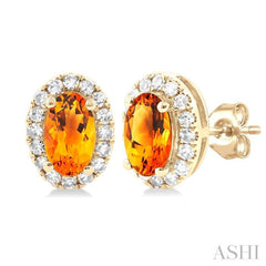 5x3 MM Oval Shape Citrine and 1/8 Ctw Single Cut Diamond Halo Semi-Precious Stud Earrings in 14K Yellow Gold 5x3 MM Oval Shape Citrine and 1/8 Ctw Single Cut Diamond Halo Semi-Precious Stud Earrings in 14K Yellow Gold